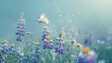 Fototapeta Lawenda - Beautiful chamomile wildflowers, purple wild peas, butterflies in the morning fog in nature close-up macro. Landscape wide format, copy space, cool blue tones. AI generated