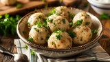 Fototapeta Dinusie - Bowl of meatballs and parsley on table
