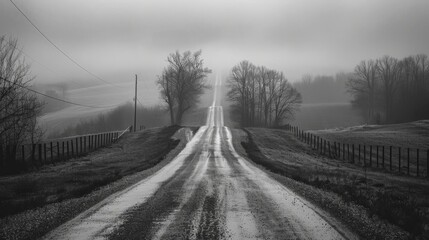 Poster - Dirt road through field, fence, trees