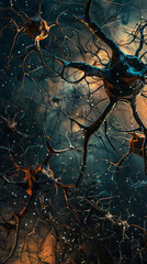 Poster - Intricate neuron branches with glowing nodes - A beautifully complex and detailed illustration of neuron branches with glowing connections symbolizing the intricate workings of the human brain and neu
