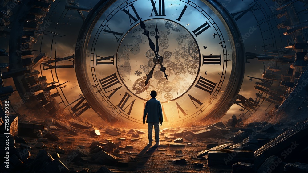 Man approaching an immense shattered clock - A lone figure approaches a ...