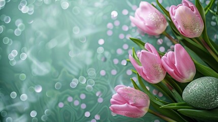 Wall Mural - Pink tulips and green ball on a green backdrop