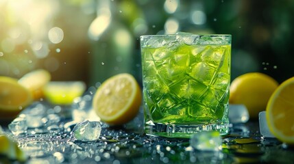 Wall Mural - Glass of green liquid with ice and lemons