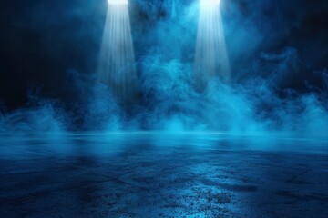 Rays, spotlights light. Empty dark scene with blue light. Asphalt blue dark street with smoke - generative ai