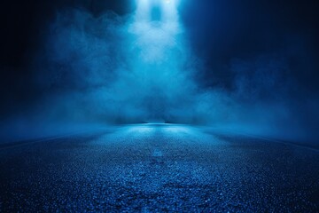 Rays, spotlights light. Empty dark scene with blue light. Asphalt blue dark street with smoke - generative ai