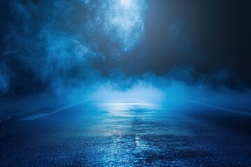 Rays, spotlights light. Empty dark scene with blue light. Asphalt blue dark street with smoke - generative ai