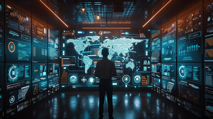 A man with his back to the camera faces a large number of screens displaying numbers and graphs. Fits in with themes related to business, and technology. Can be used as blog, postcard, advertisment.