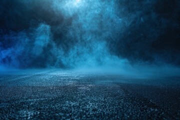 Wall Mural - rays, spotlights light. empty dark scene with blue light. asphalt blue dark street with smoke - gene