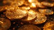 A neat pile of gleaming gold coins sits on top of a wooden table, shining under the light.