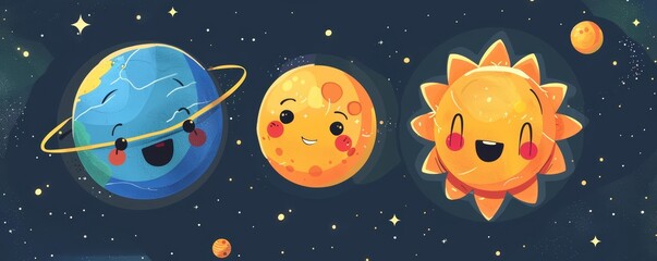  In a flat design style, a pair of cheerful planets engage in a friendly race around a sun, adorned with playful expressions