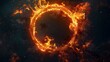 big circle with flames burning. a huge fire exploded. sparks on a dark background hyper realistic 