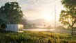 Concept of energy storage system. Renewable energy - photovoltaics, wind turbines and Li-ion battery container in morning fresh nature. 3d rendering. hyper realistic 