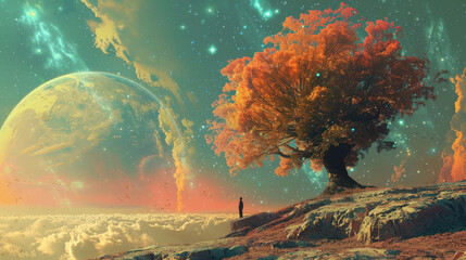 Wall Mural - a person stands in front of a tree in a beautiful, colorful