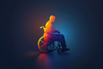 Wall Mural - logo of an open arms wheelchair athlete with rainbow light on dark blue background .