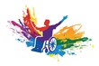 logo of an open arms wheelchair athlete with rainbow paint on white background .