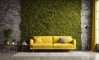 Mock up room with moss brick wall and yellow sofa 3d illustration rendering