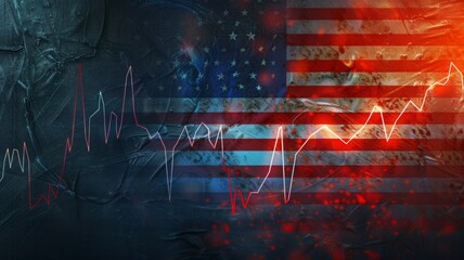 Poster - American flag and stock market graph composite - A digital artwork of American flag merged with stock market graphs indicating growth and economy