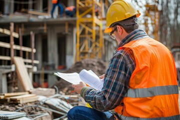 Engineer with blueprints at a construction site