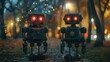 Portrait of a vintage robot Standing in the park on a rainy night.national geographic style, AI generated image.