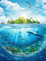 Wall Mural - World Oceans Day Poster design, realistic, HD, copy space - generative ai