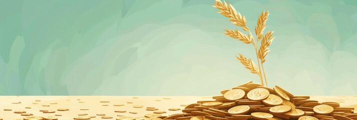 Wheat stalk on pile of golden coins - Illustration of a single wheat stalk growing on a mountain of gold coins symbolizing wealth, investment, and agriculture