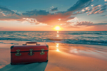 Poster - A red suitcase is sitting on the beach at sunset