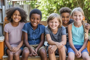 Group of children sitting on a bench in the park smiling at the camera