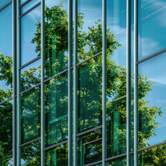  A closeup of green glass windows on an office building