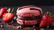 Delicious Pink a macaron sandwich filled with chocolate strawberry and cherry on plate on wooden table Valentine's Day treats sweet dessert for birthdays weddings flat lay views soft pastel color.