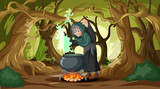 Fototapeta Panele - Witch stirring a cauldron in a mystical forest