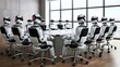 A group of robots sit around a conference table.