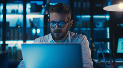 Poster - Portrait of a young male tech worker working on a laptop in a modern office, person typing on laptop 
