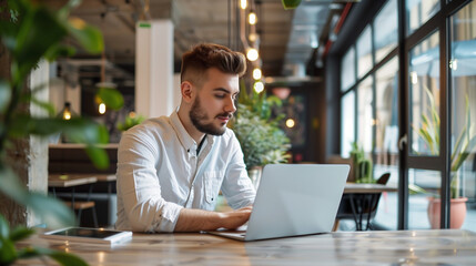 Poster - Portrait of a young male tech worker working on a laptop in a modern office, person typing on laptop 