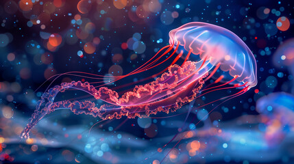 Jellyfish swimming, Colorful red blue glittering particles flow smooth ink swirling in water.