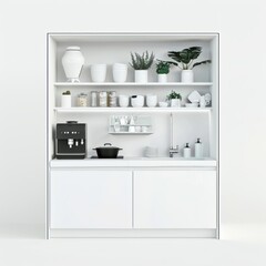 Wall Mural - 3D Render of a minimalist white kitchen with hidden storage and integrated appliances, on isolated white background, Generative AI