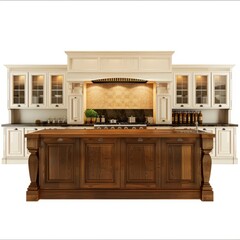 Wall Mural - 3D Render of a traditional colonial kitchen with paneled cabinetry and a central prep island, on isolated white background, Generative AI