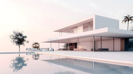 Wall Mural - Describe an illustration featuring a 3D rendering of a sleek and modern minimalist house set against a pristine white background