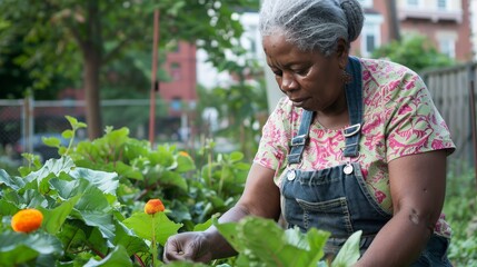 Poster - Amidst the urban hustle and bustle, the African American woman finds solace in the simplicity of tending to the beets, a reminder of the power of community and tradition in the city garden.