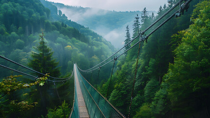 Sticker - a long bridge spans over a lush forest, with a lone green tree standing tall in the foreground