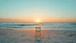 An empty beach chair positioned on a pristine beach with the sun rising over the horizon, inviting a peaceful morning contemplation. 