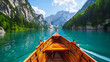 a serene mountain lake with a wooden boat floating on calm blue waters under a clear blue sky with