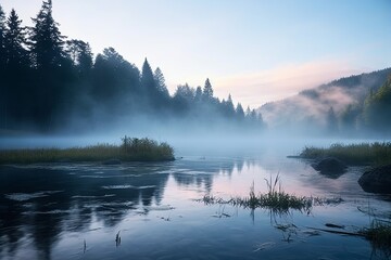 Wall Mural - Morning Mist Gradients: Tranquil Lake Water Reflections