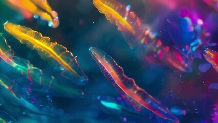 Canvas Print - A striking rainbowcolored image of multiple nematodes moving in a synchronized motion. The vibrant hues highlight the delicate threadlike . AI generation.