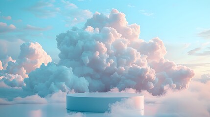 3d render podium with white cloud background. white clouds sky background for showcasing products or creating a beauty-themed display.