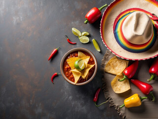 Copy space background of nacho chips, salsa sauce, hot pepper, and sombrero hat. Cinco de Mayo copy space background.
