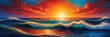 Paint an artwork that represents the transition from a calm ocean to a fiery sunset sky using fluid dynamics. Capture the serene blues of the water merging into the warm oranges and reds of the sunset
