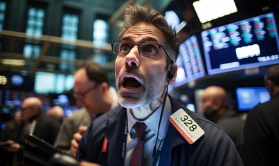 Wall Mural - At the Wall Street Stock Exchange, a trader wears a headset and talks about stock prices while making notes with a pencil on a digital pad with a surprised expression.