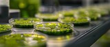 Fototapeta  - A close shot of petri dish with clusters of green microalgae in a lab on desk with a big blurry space for text or product advertisement background, Generative AI.