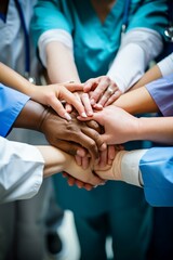 b'Multiracial group of doctors joining hands in unity'