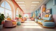 b'A colorful and modern hospital waiting room with a large window looking out onto a cityscape'